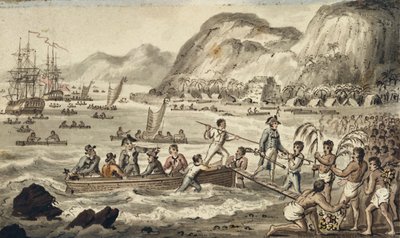 Le capitaine Cook débarquant à Owyhee, illustration de "Les voyages du capitaine Cook" - Isaac Robert Cruikshank