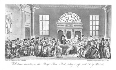 Personnages bien connus dans la salle des pompes, Bath, prenant une gorgée avec le roi Bladud, 1825 - Isaac Robert Cruikshank