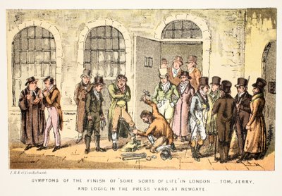 Symptômes de la fin de "Certaines sortes de vie" à Londres - Tom, Jerry et Logic, dans la cour de presse, à Newgate, de la vie de Tom et Jerry à Londres - Isaac Robert and George Cruikshank