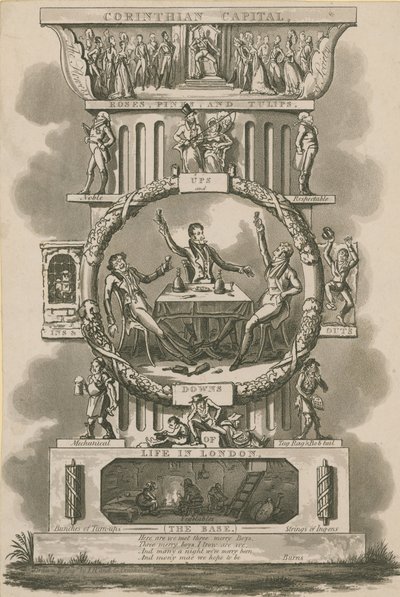 Chapiteau corinthien, roses, œillets et tulipes; Hauts et bas, entrées et sorties de la vie à Londres - Isaac, Robert and George Cruikshank
