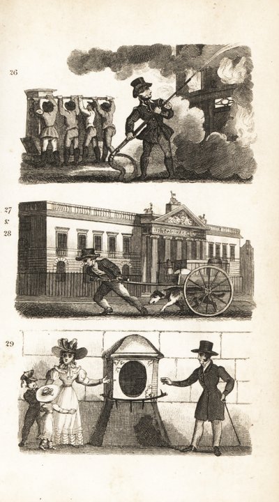 La Pompe à incendie, Transport de marchandises sur un chariot, East India House et London Stone - Isaac Taylor
