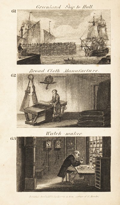 Métiers en Angleterre de la Régence : navire du Groenland à Hull, fabrication de drap et horloger - Isaac Taylor