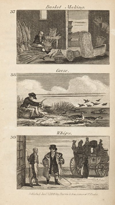 Métiers en Angleterre Régence : fabrication de paniers, plumage des oies et fouets - Isaac Taylor