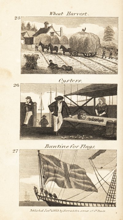 Métiers en Angleterre de la Régence : récolte de blé, huîtres et buntine pour drapeaux - Isaac Taylor