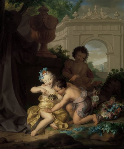 Trois enfants jouant avec un nid d