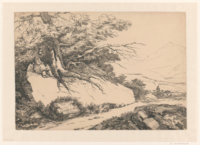Paysage avec un homme se reposant sous un arbre avec un chien - Isaac Weissenbruch