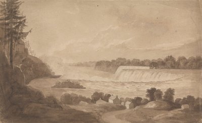 Vue des chutes du Niagara avec les chutes en arrière-plan, à droite, et paysage avec maisons au premier plan - Isaac Weld