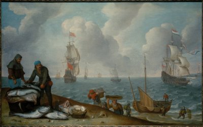 Pêcheurs avec prise sur la plage, navires de guerre dans une baie - Isaac Willaerts