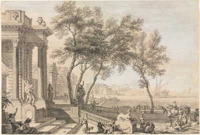 Scène fantastique de port avec architecture et personnages - Isaac de Moucheron