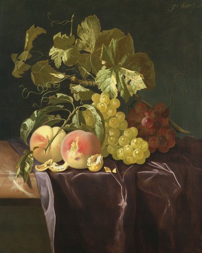 Nature morte de fruits, noix et feuilles sur un tissu de velours - Isaak Denies