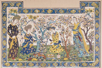 Panneau mural de figures se relaxant dans un jardin, du Tchehel Sutun ou Pavillon des Quarante Colonnes construit par Shah Abbas II (1642-66), Perse, d