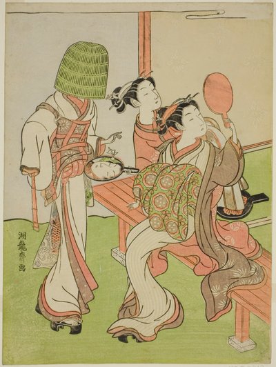 Une courtisane et son assistante utilisant des miroirs pour identifier un moine mendiant - Isoda Koryusai