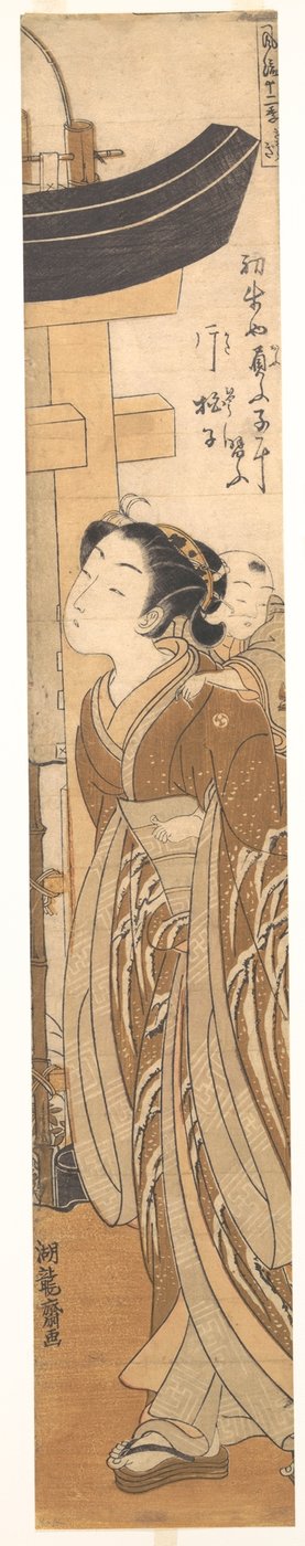 Eine Frau mit einem Kind auf dem Rücken nahe dem Eingang zu einem Tempel - Isoda Koryusai