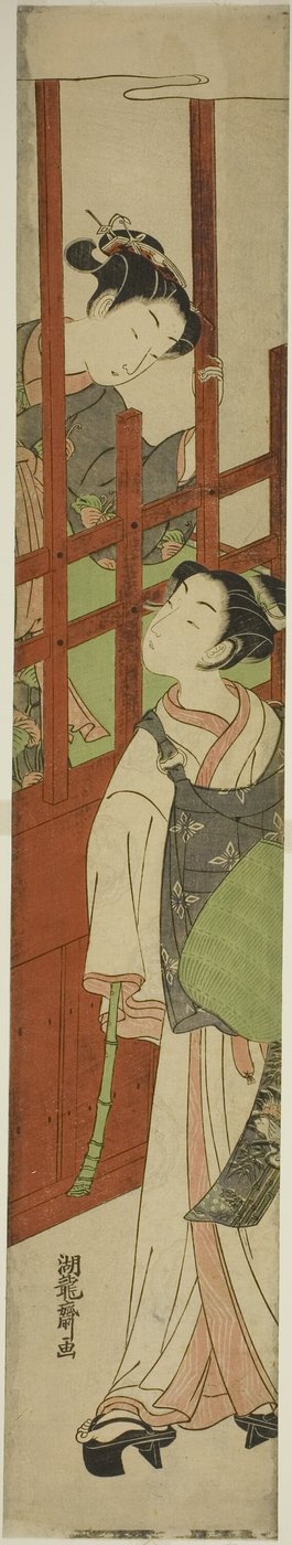 Courtisane regardant un jeune homme déguisé en moine mendiant - Isoda Koryusai