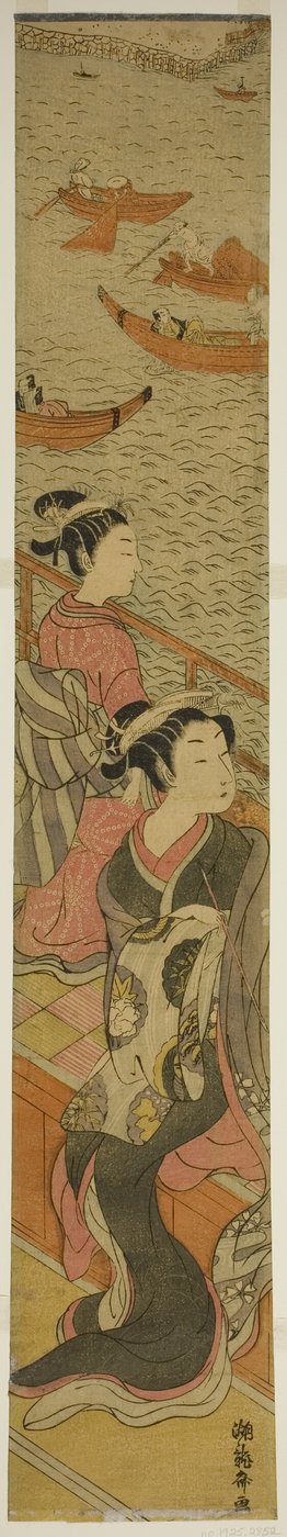 Courtisane et son assistante sur un balcon surplombant la rivière - Isoda Koryusai