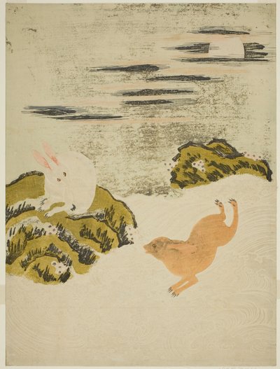 Lièvres jouant dans les vagues sous une nuit de pleine lune - Isoda Koryusai