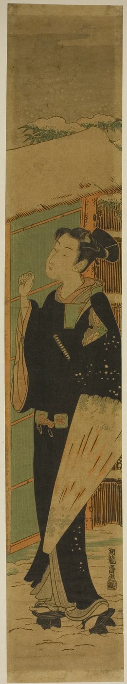Jeune homme avec parapluie frappant à la porte sous la neige - Isoda Koryusai