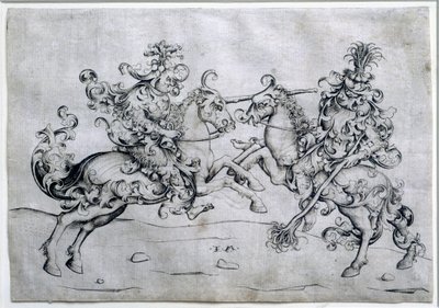 Deux cavaliers jouant. Jeu de deux hommes à cheval. Dessin d
