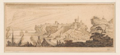 Vue côtière avec une tente ouverte et des pêcheurs - Israël Silvestre