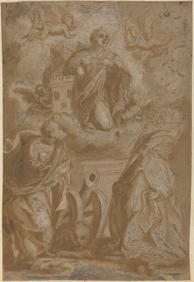 Sainte Barbe en gloire avec les saints Nicolas et Jérôme - Italian 16th Century