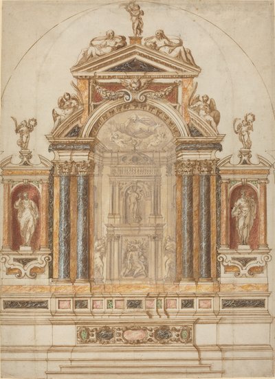 Autel élaboré en marbre coloré orné de sculptures - Italian 17th Century