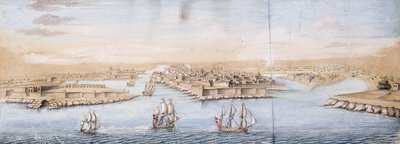 Vue aérienne de La Valette depuis la mer, avec des navires de guerre entrant dans le port - Italian School