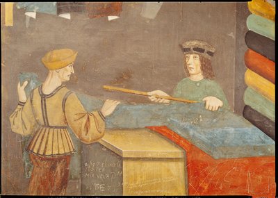 Un marchand de tissus mesurant du tissu - Italian School
