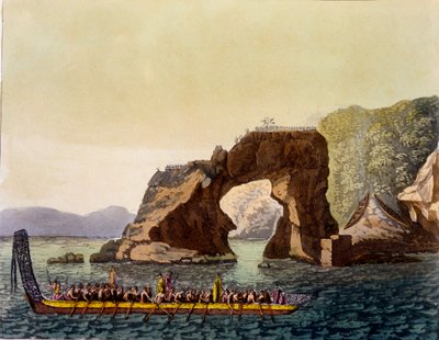Point de vue fortifié maori en Nouvelle-Zélande, combiné avec une pirogue de guerre maorie, années 1820-30 - Italian School