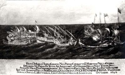 Bataille navale entre la flotte vénitienne sous le général Francesco Morosini (1618-94) contre les Turcs au large de la côte de Crète, octobre 1645 - Italian School