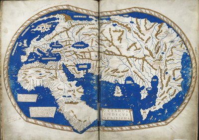 Carte du monde, de "Insularium Illustratum", par Enrico Martello, étant un compte rendu des îles, principalement de la Méditerranée, avec des plans colorés, italien, vers 1470 (vélin) - Italian School