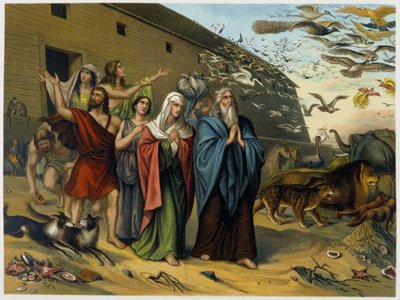 Après le déluge, Noé, sa famille et les animaux sortent de l