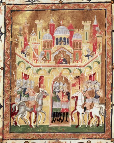 Scène de bataille aux murs de Jérusalem, de Descriptio Terrae Sanctae par Burcardus Theutonicus ou Burchard du Mont Sion - Italian School