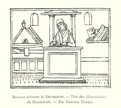 Boccace écrivant le Décaméron, Tiré des Illustrations de Savonarole, Par Gustave Gruyer (gravure) - Italian School
