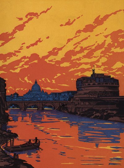 Château Saint-Ange et Tibre, Rome (lithographie couleur) - Italian School