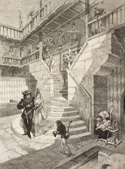 Cour de château, village médiéval à Turin, Italie, gravure par Bonamore de L