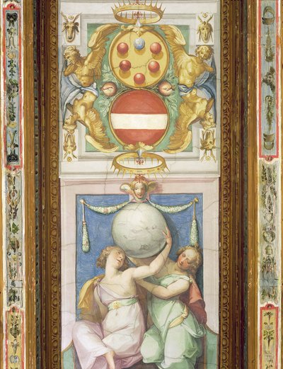 Décoration de plafond représentant deux figures féminines soutenant un globe : au-dessus, une représentation des armoiries des Médicis - Italian School