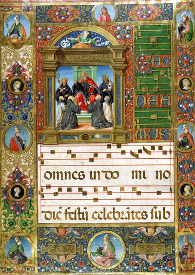 Miniature chorale avec Saint Benoît prêchant aux moines - Italian School