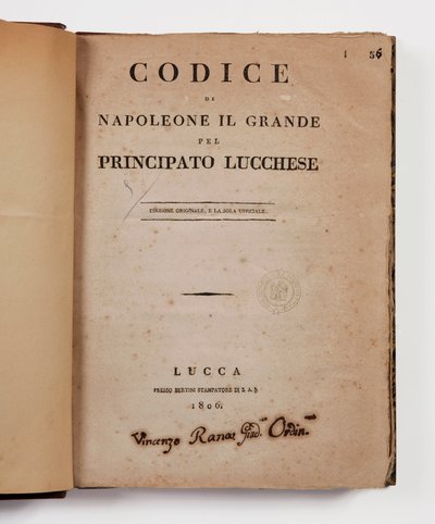 Code de Napoléon le Grand pour la principauté de Lucques, première édition officielle, Lucques, Presso Bertini, 1806, et le code rural pour les principautés de Lucques et Piombino, Lucques, Fr. Bertini, 1807 - Italian School