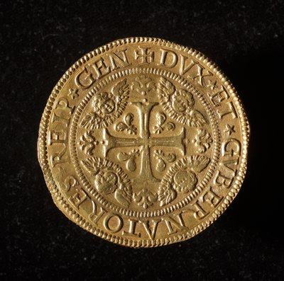 Monnaie de la République de Gênes : pièce de 12,5 doppie en or. Diam. 61 mm. 1656. recto. Gênes Musei di Strada Nuova (inv. 6456) - Italian School