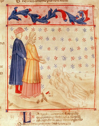 Dante et Virgile (70-19 av. J.-C.) découvrent le comte Ugolino, extrait de "La Divine Comédie" de Dante Alighieri (1265-1321) (vélin) - Italian School