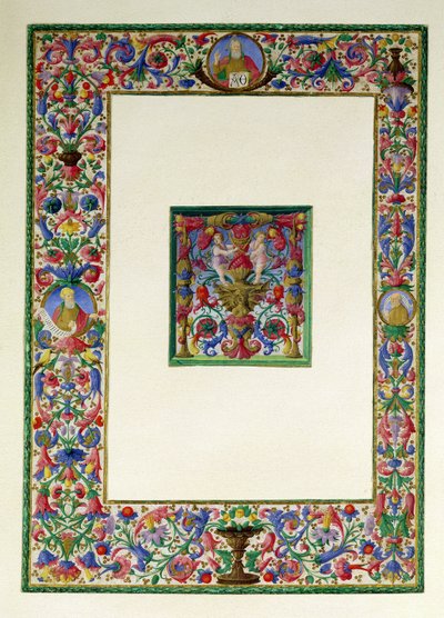 Bordure décorative avec Dieu le Père et deux prophètes et une initiale historiée T avec une sirène et deux putti, 15e-16e siècle - Italian School