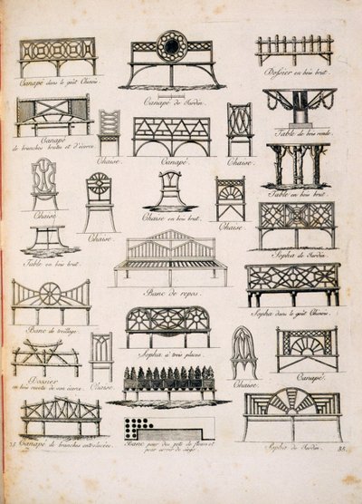 Conceptions de sièges de jardin, de A Compendium of Drawings, par J.G. Grohmann, publié en 1805 - Italian School
