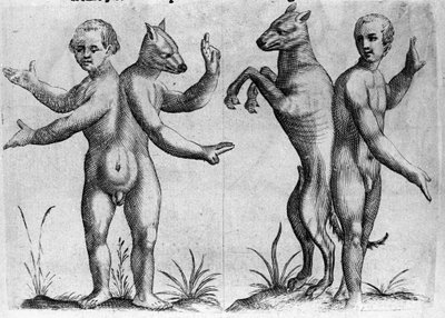Différents types de monstres humains : deux créatures à double corps, mi-homme mi-chien (Siamois). Gravure tirée de « De monstrorum natura, causis et differentiis » par Fortunio Liceti (1577-1656), scientifique italien. 1646 - Italian School
