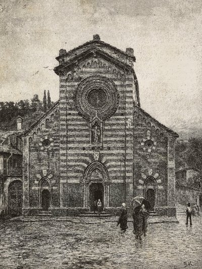 Façade de la cathédrale de Bellano, lac de Côme, Italie (gravure) - Italian School