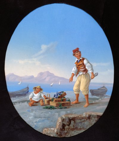 Pêcheur sur la plage, avec l