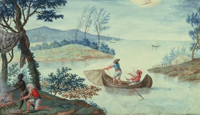 Scène de pêche représentant le mois de juillet, une des douze séries - Italian School