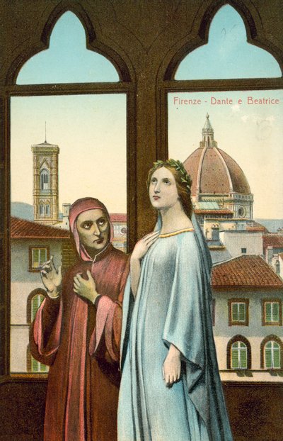 Florence, Dante et Béatrice (lithographie couleur) - Italian School