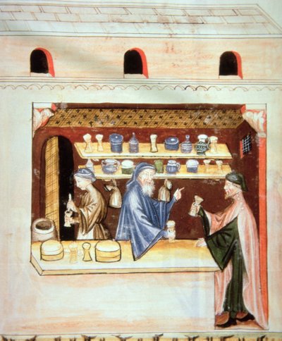 Préparation et vente de thym, illustration du Tacuinum Sanitatis Codex Vindobonensis - Italian School