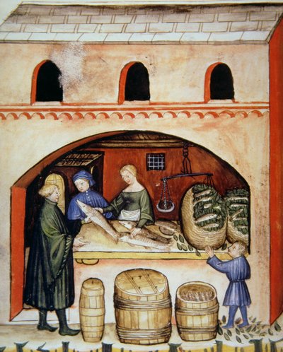 Poisson salé, illustration du Tacuinum Sanitatis Codex Vindobonensis - Italian School