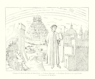 Fresque à la Porte des Servi de Santa Croce, Tableau allégorique, Le Dante, Florence et les sept Cercles, Par Domenico di Michelino (gravure) - Italian School